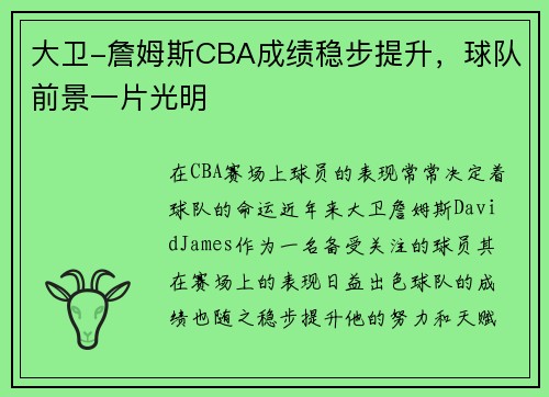 大卫-詹姆斯CBA成绩稳步提升，球队前景一片光明