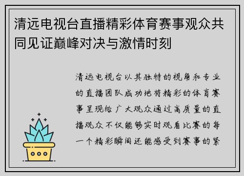 清远电视台直播精彩体育赛事观众共同见证巅峰对决与激情时刻